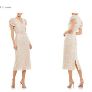 MAC DUGGAL BEADED 10810 RUFFLE SLEEVE OYSTER COCKTAIL MIDI DRESS sz 4